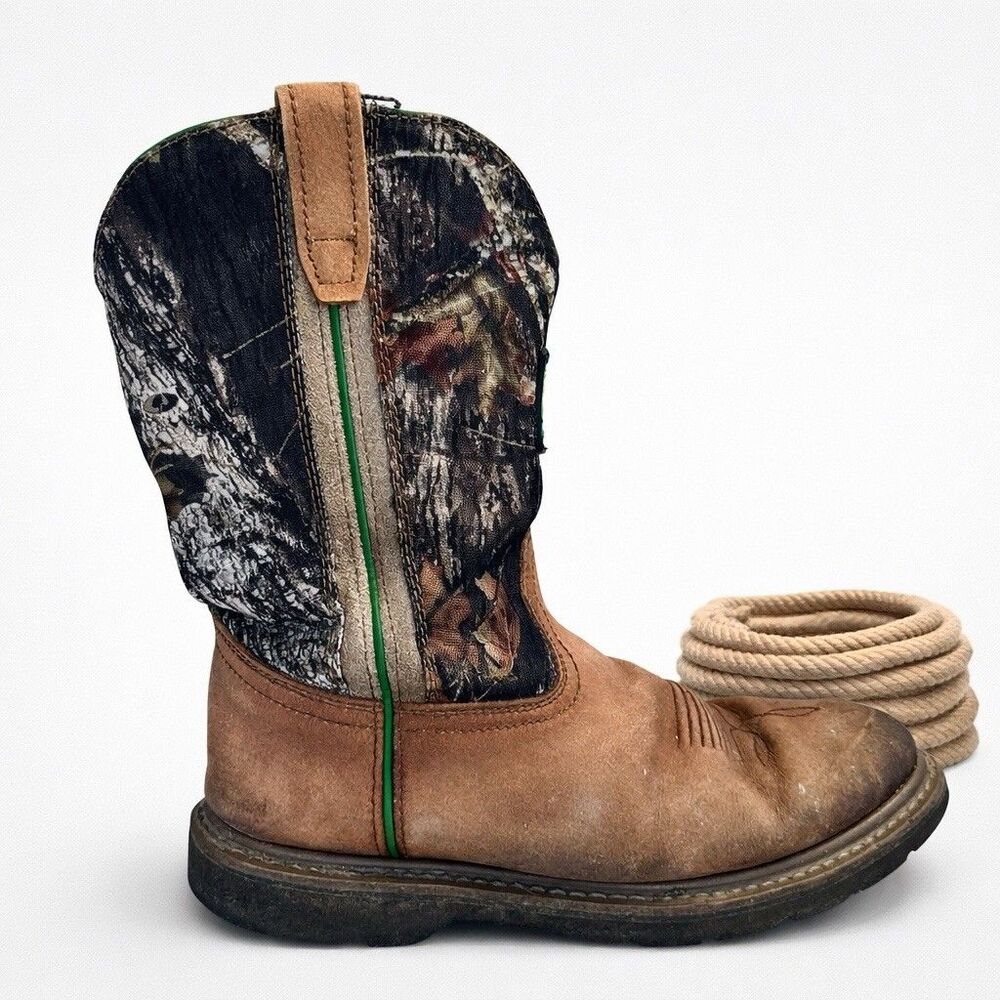 John Deere Camo Work Boots Mens 10 Wide JD4148 Pull On Leather Hunting Farm